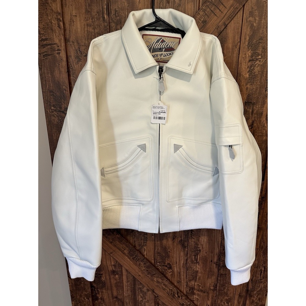 Adidem Asterisks Men's XL 100% Leather Aviator Style Bomber Jacket Pure White